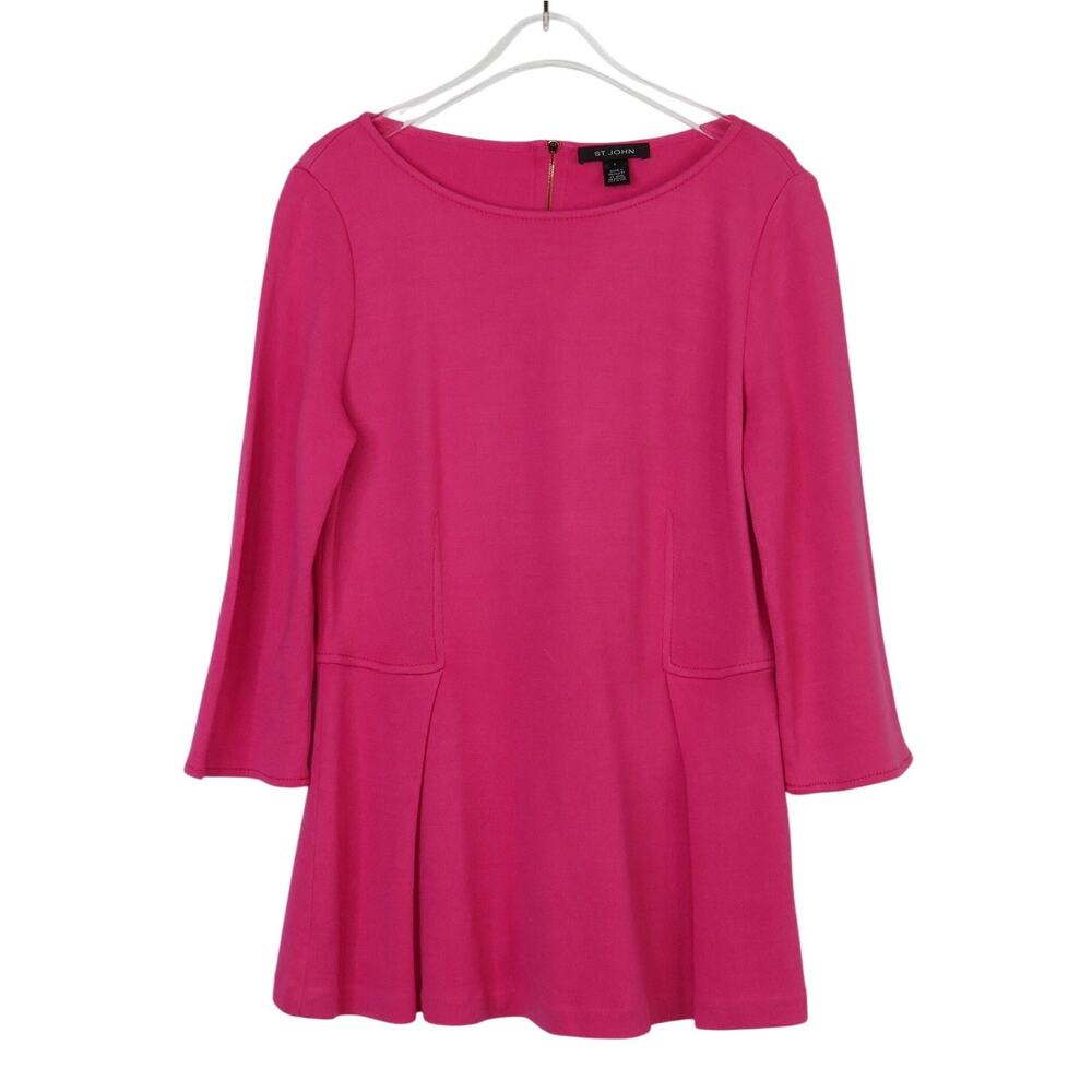 St. John Knits Milano Knit Peplum Blouse in Bright Pink Scoop Neck Size 6 Wool